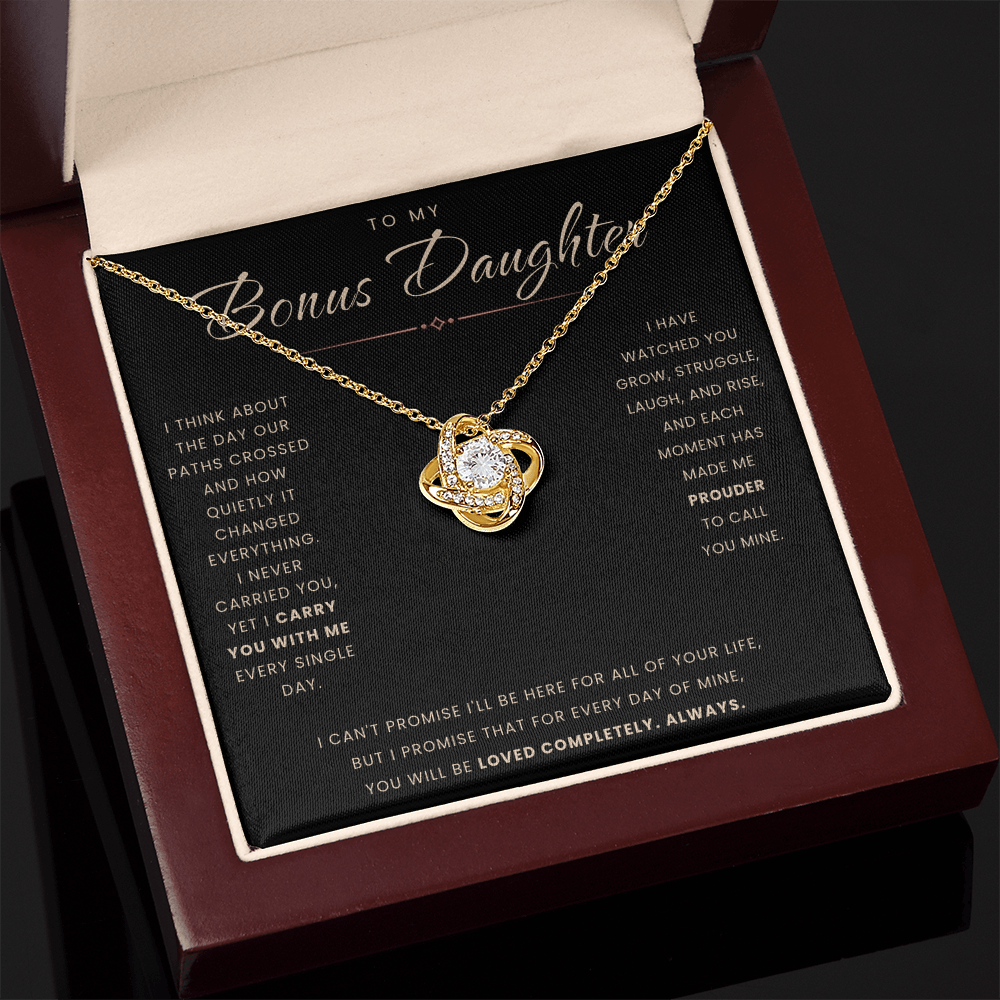 Love Knot Necklace for Bonus Daughter - Black & Rose Gold Card