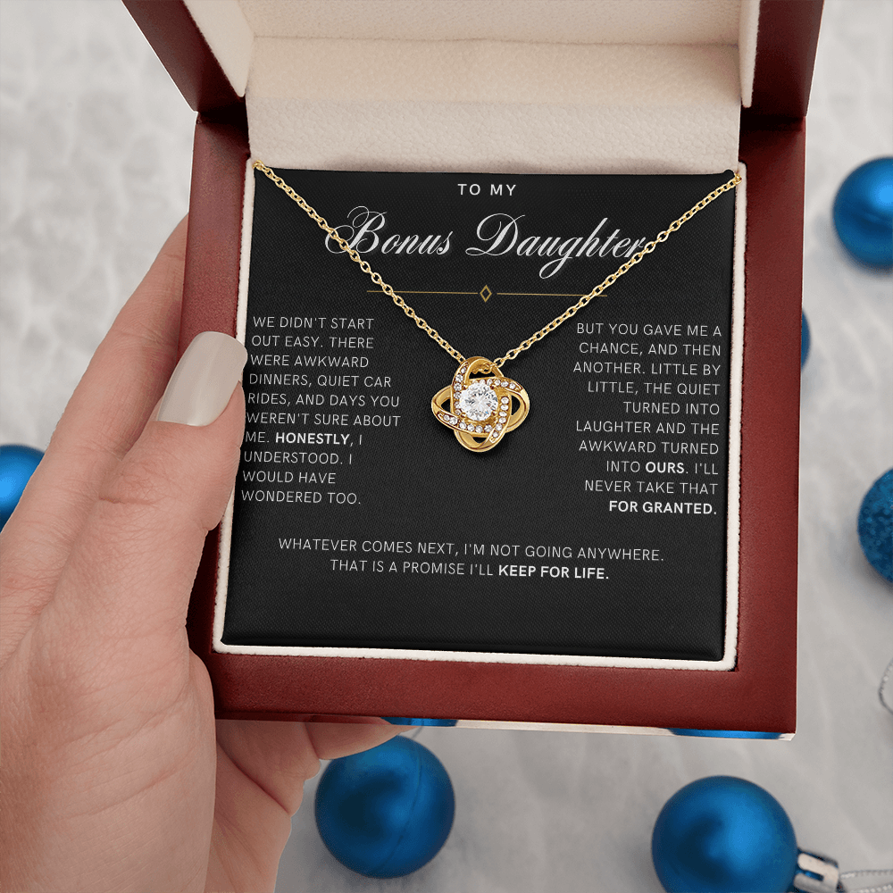 Bonus Daughter Love Knot Necklace, Not Going Anywhere Message Card