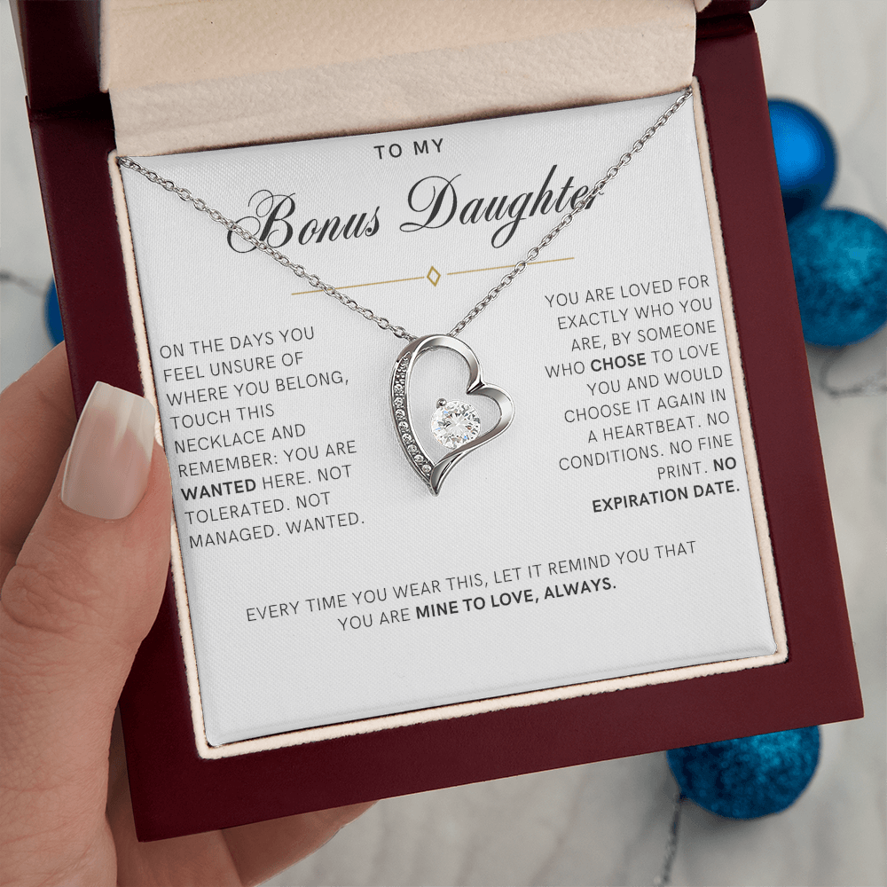 Bonus Daughter Forever Love Heart Necklace, Wanted Message Card