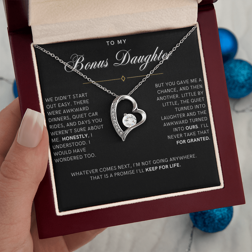 Bonus Daughter Forever Love Heart Necklace, Not Going Anywhere Message Card