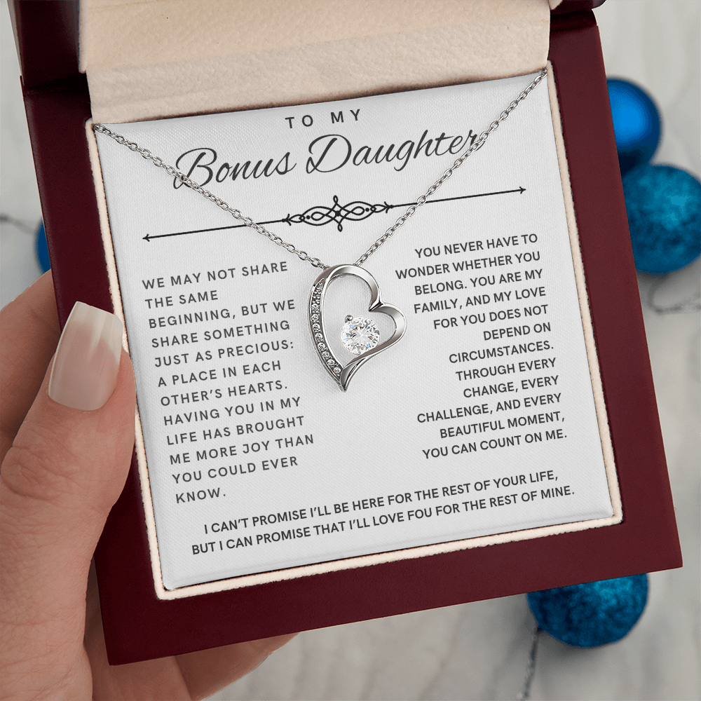 Forever Love Necklace for Bonus Daughter - White & Black Message Card