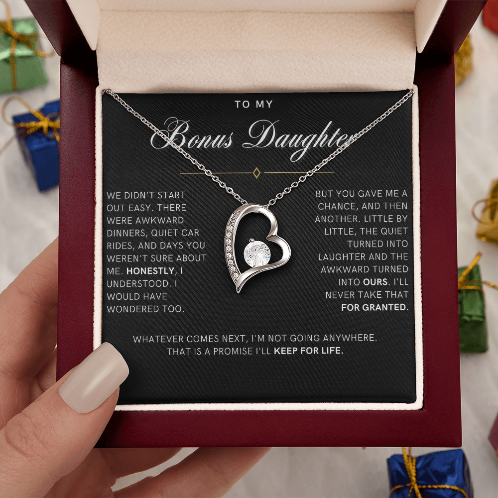 Bonus Daughter Forever Love Heart Necklace, Not Going Anywhere Message Card