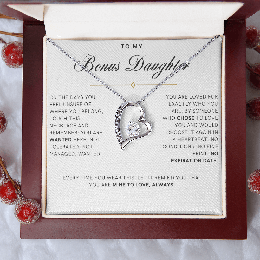 Bonus Daughter Forever Love Heart Necklace, Wanted Message Card