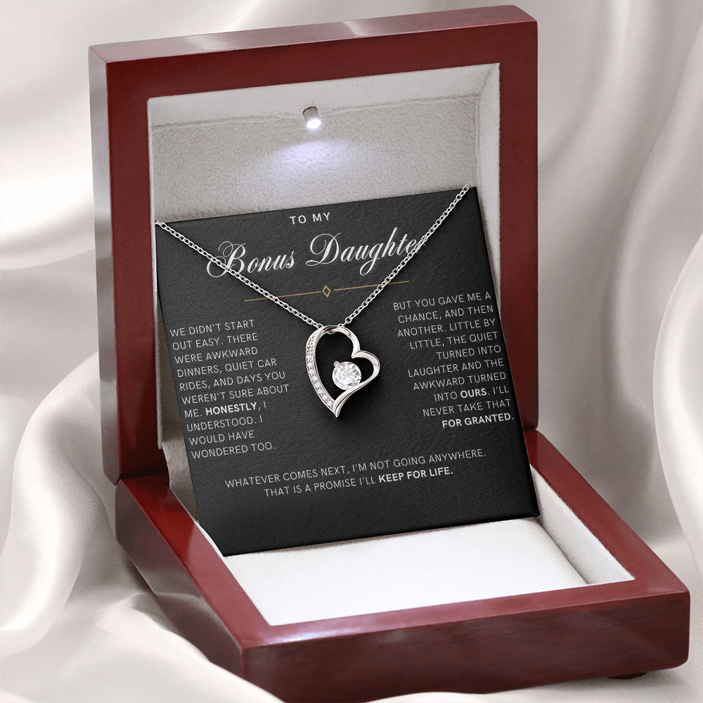 Bonus Daughter Forever Love Heart Necklace, Not Going Anywhere Message Card