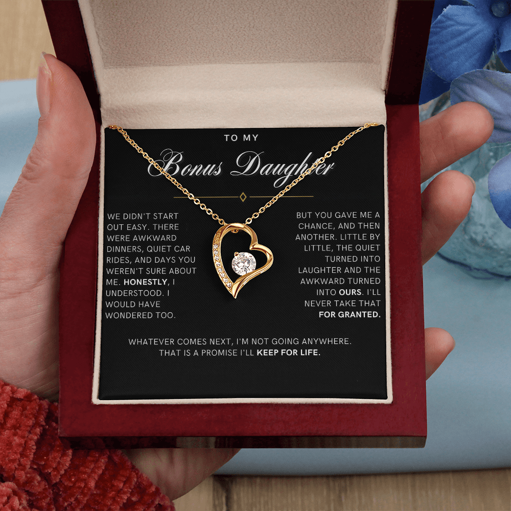 Bonus Daughter Forever Love Heart Necklace, Not Going Anywhere Message Card