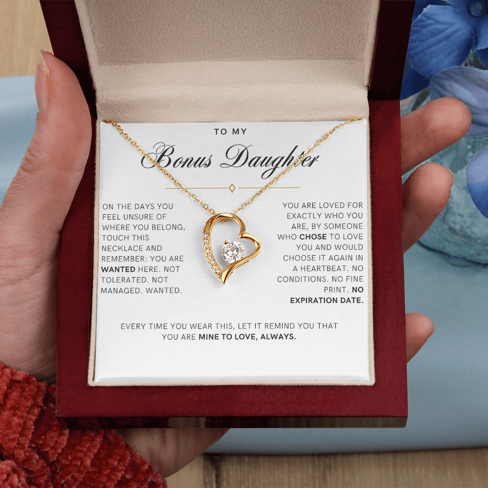 Bonus Daughter Forever Love Heart Necklace, Wanted Message Card