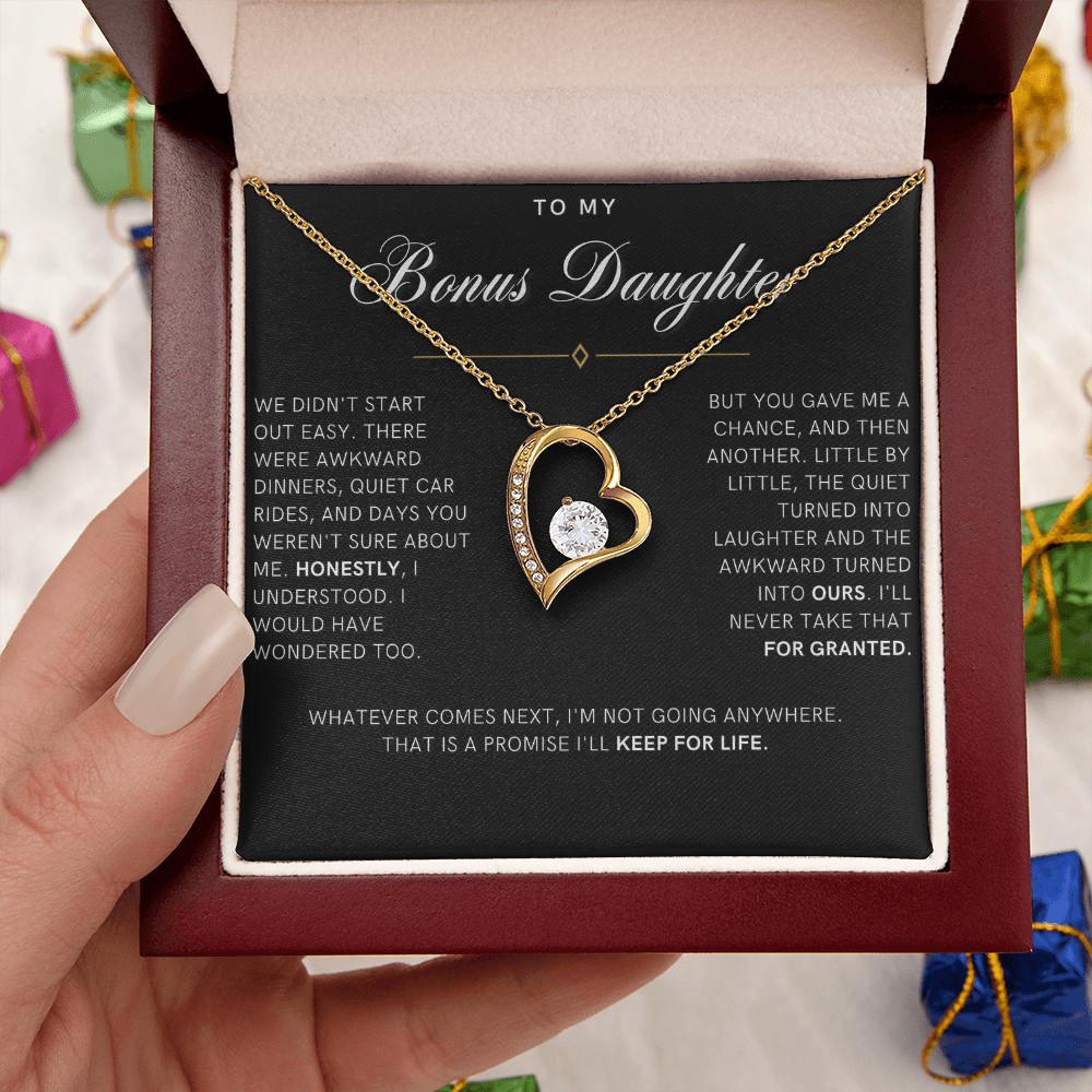 Bonus Daughter Forever Love Heart Necklace, Not Going Anywhere Message Card