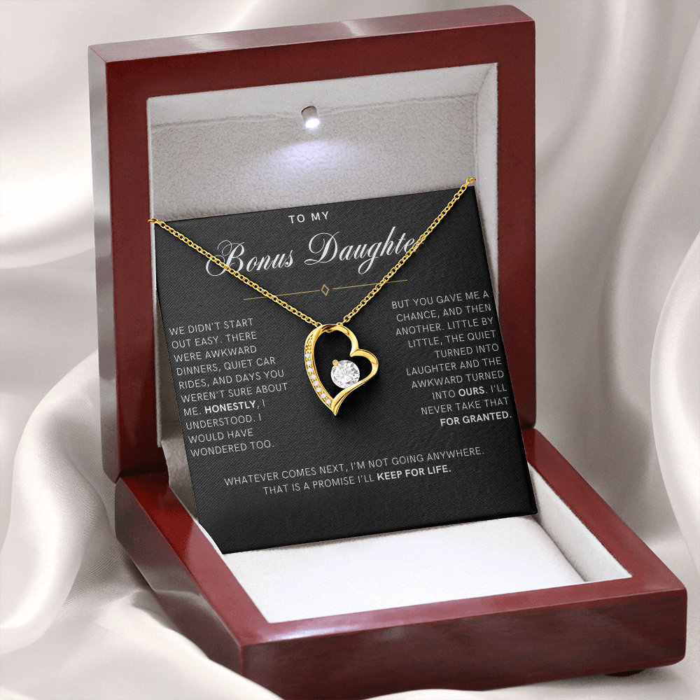 Bonus Daughter Forever Love Heart Necklace, Not Going Anywhere Message Card