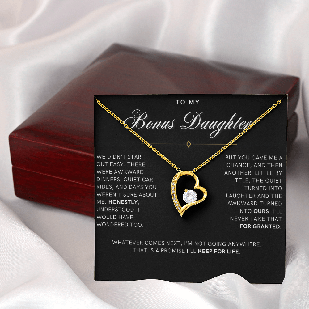 Bonus Daughter Forever Love Heart Necklace, Not Going Anywhere Message Card