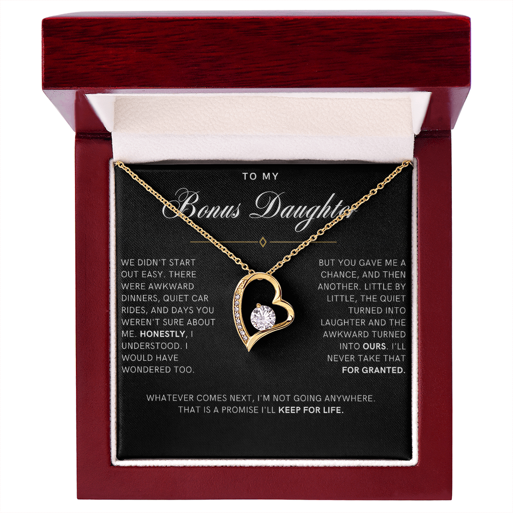 Bonus Daughter Forever Love Heart Necklace, Not Going Anywhere Message Card
