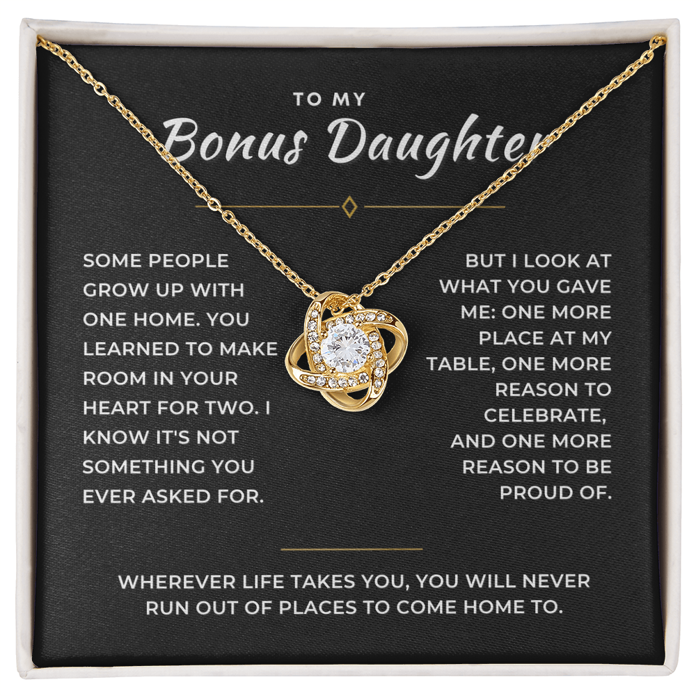 Bonus Daughter Love Knot Necklace, Two Homes Message Card