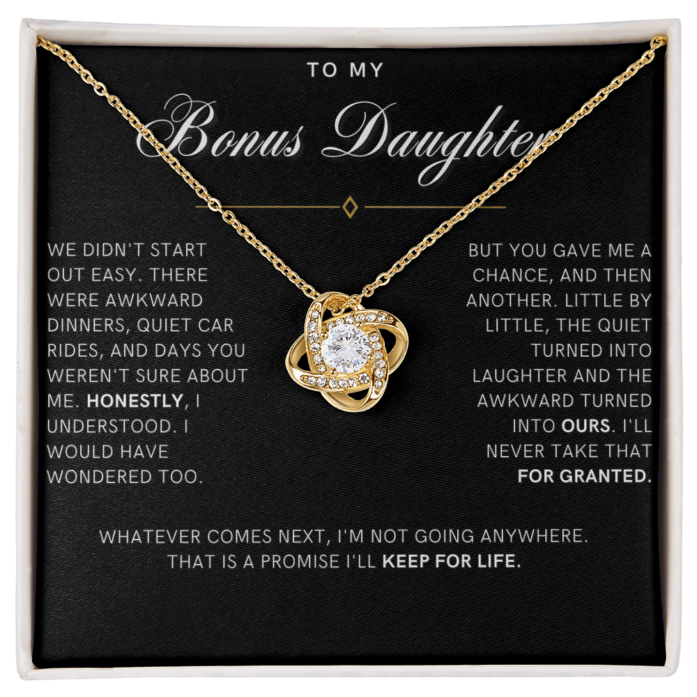 Bonus Daughter Love Knot Necklace, Not Going Anywhere Message Card