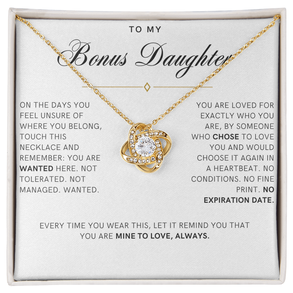 Bonus Daughter Love Knot Necklace, Wanted Message Card