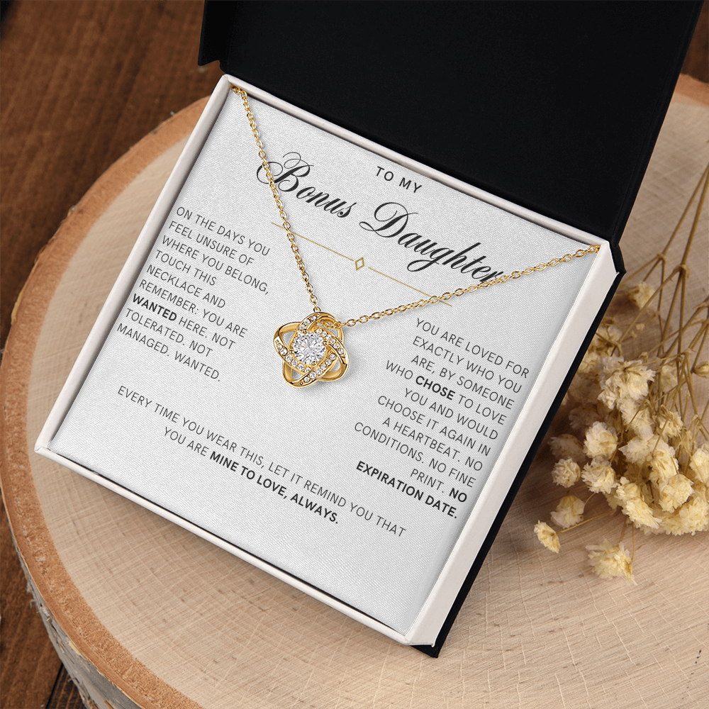 Bonus Daughter Love Knot Necklace, Wanted Message Card