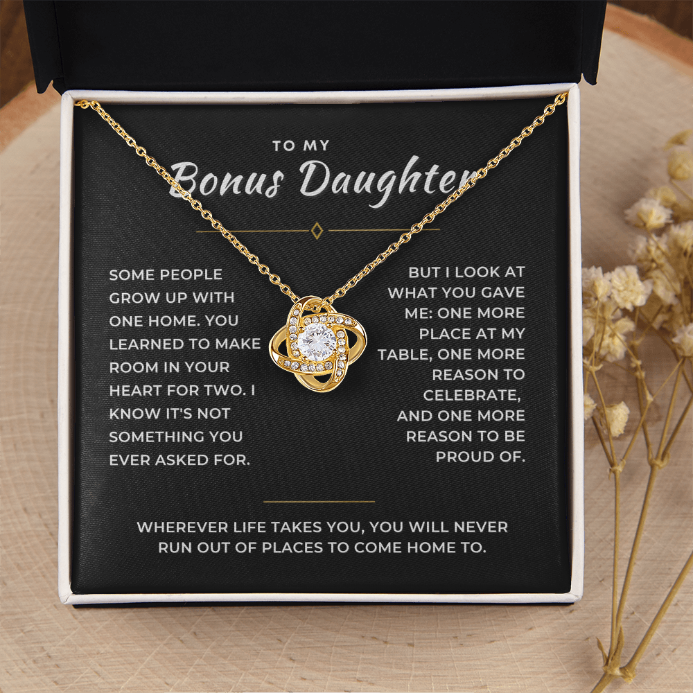 Bonus Daughter Love Knot Necklace, Two Homes Message Card