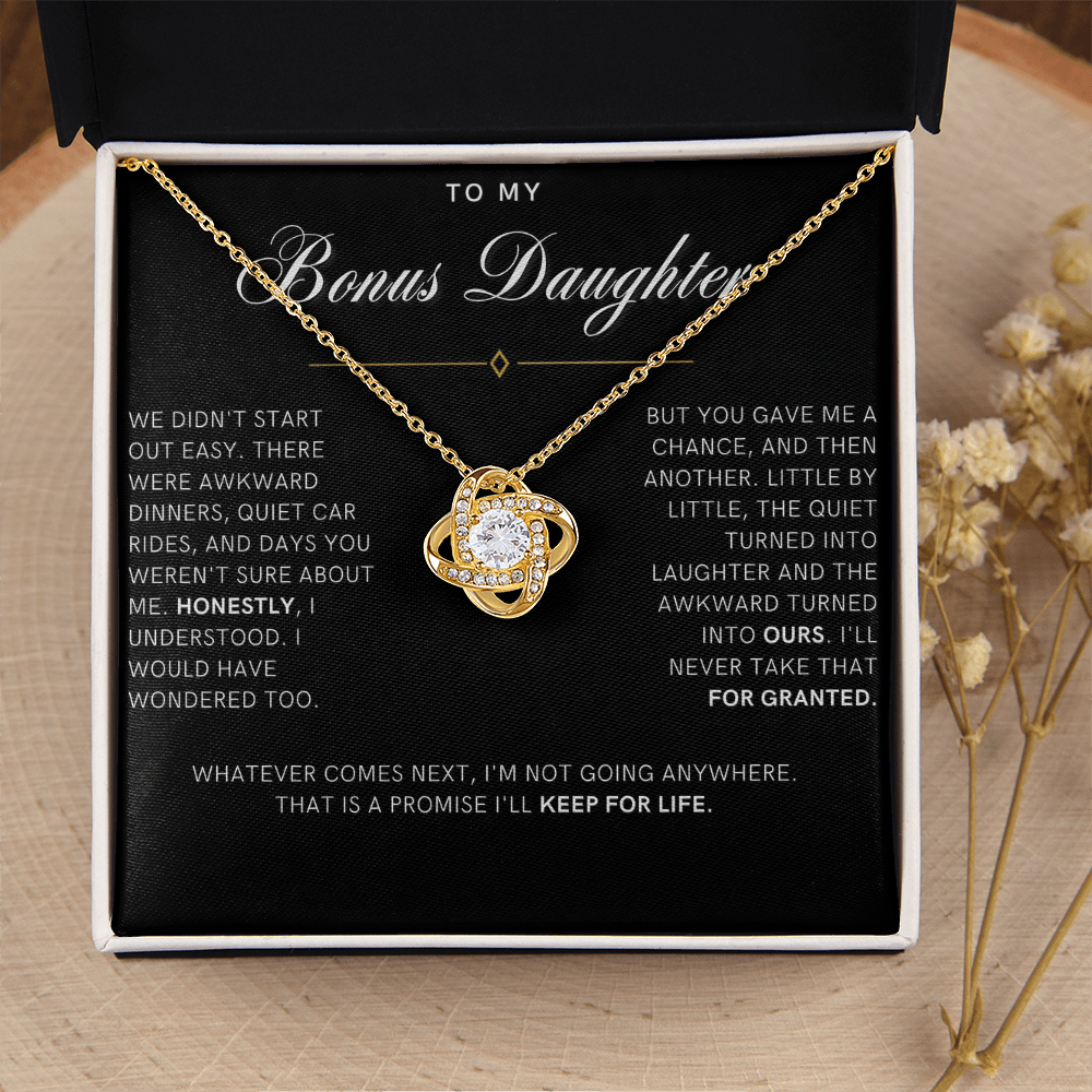 Bonus Daughter Love Knot Necklace, Not Going Anywhere Message Card