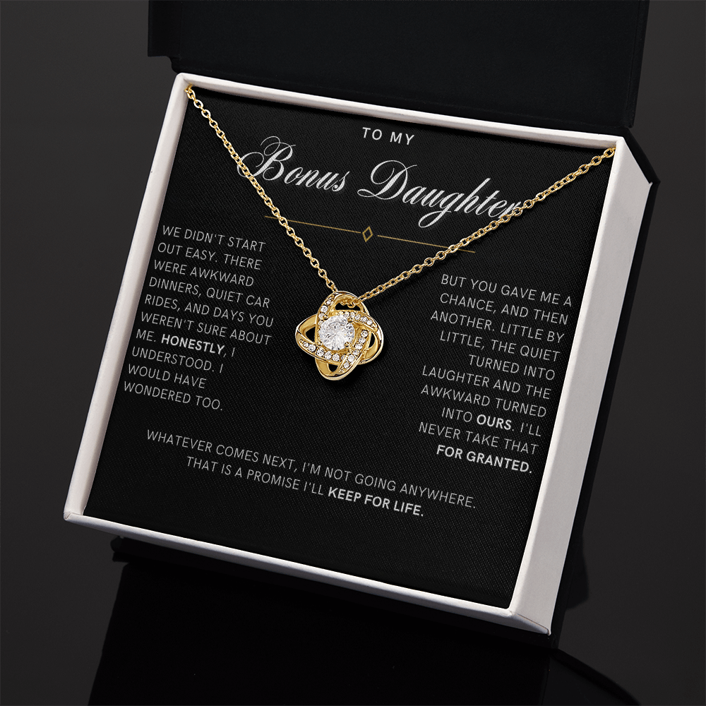 Bonus Daughter Love Knot Necklace, Not Going Anywhere Message Card