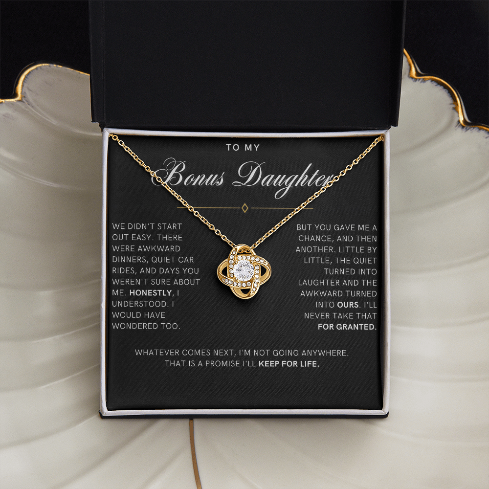 Bonus Daughter Love Knot Necklace, Not Going Anywhere Message Card