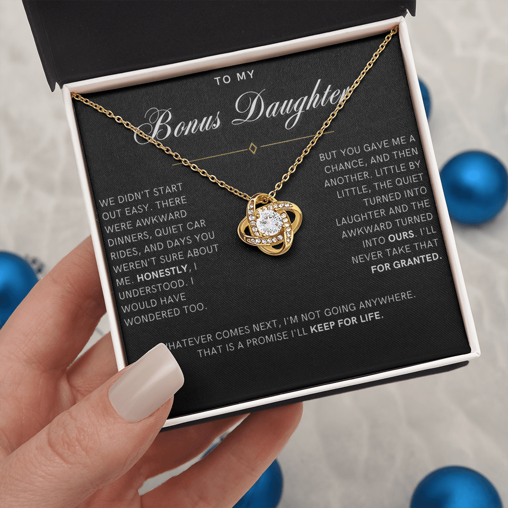 Bonus Daughter Love Knot Necklace, Not Going Anywhere Message Card