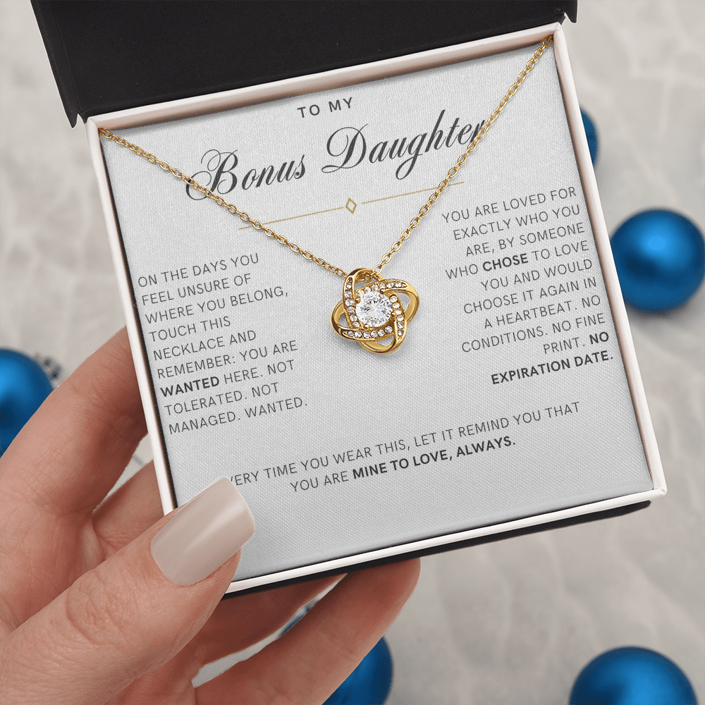 Bonus Daughter Love Knot Necklace, Wanted Message Card