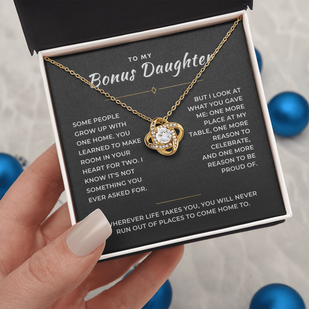 Bonus Daughter Love Knot Necklace, Two Homes Message Card