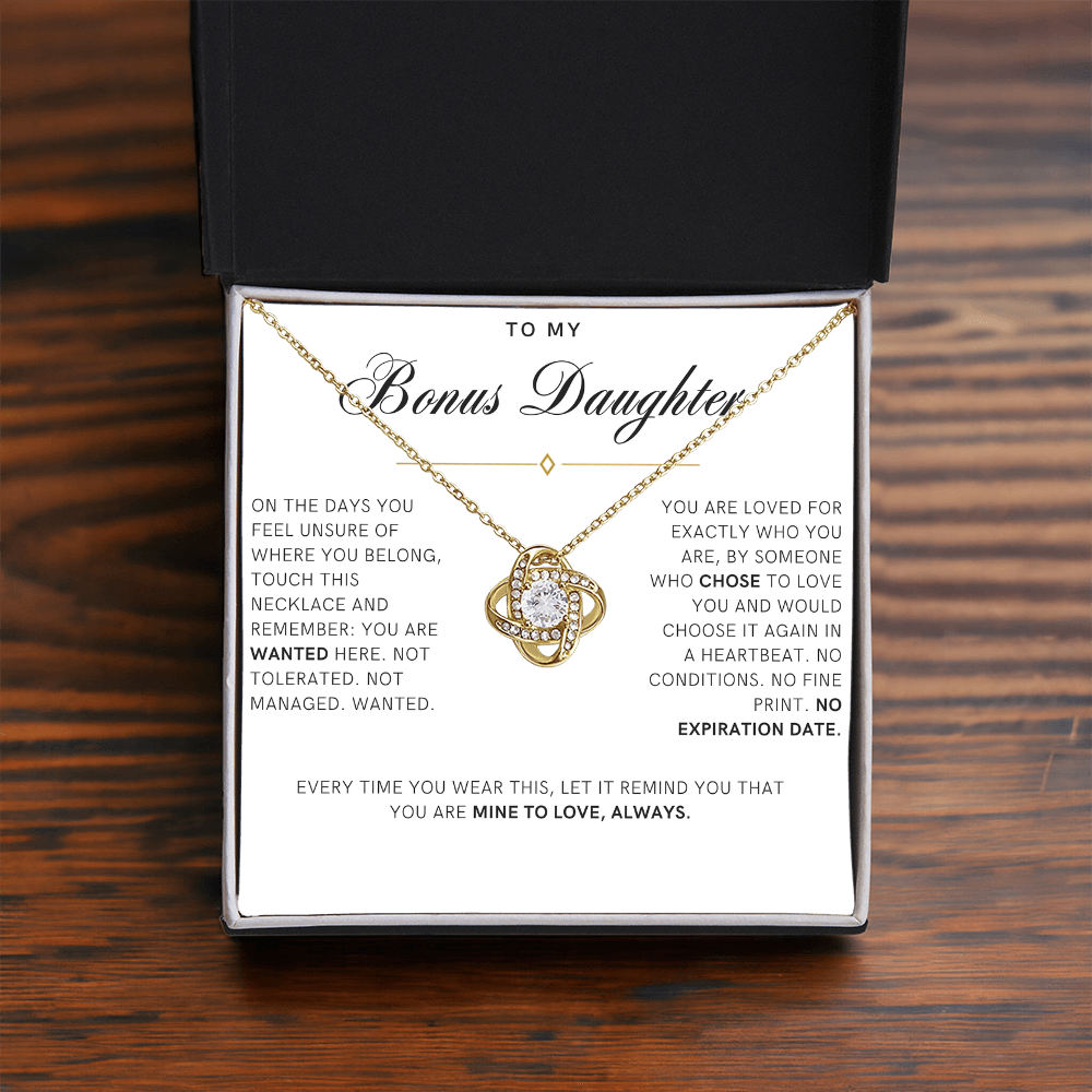 Bonus Daughter Love Knot Necklace, Wanted Message Card