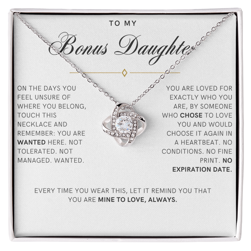 Bonus Daughter Love Knot Necklace, Wanted Message Card