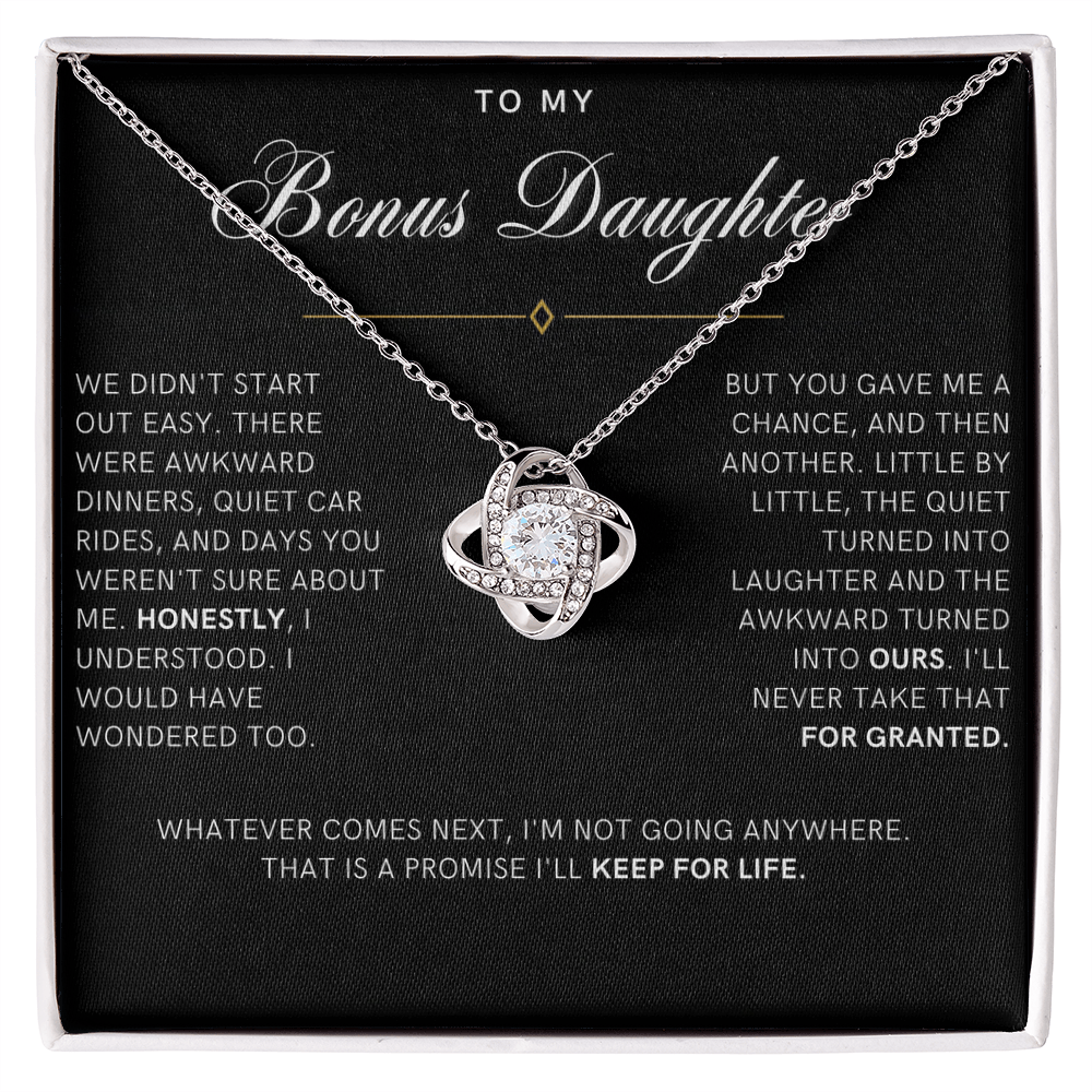 Bonus Daughter Love Knot Necklace, Not Going Anywhere Message Card