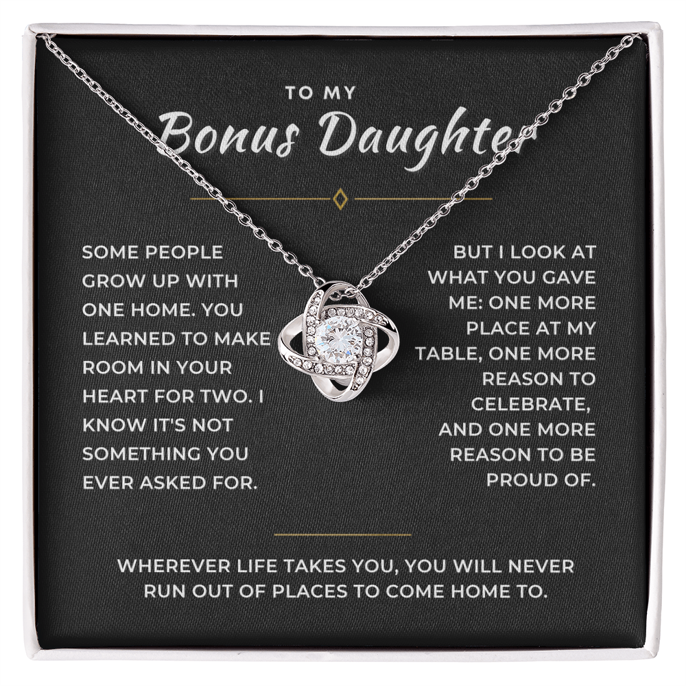 Bonus Daughter Love Knot Necklace, Two Homes Message Card