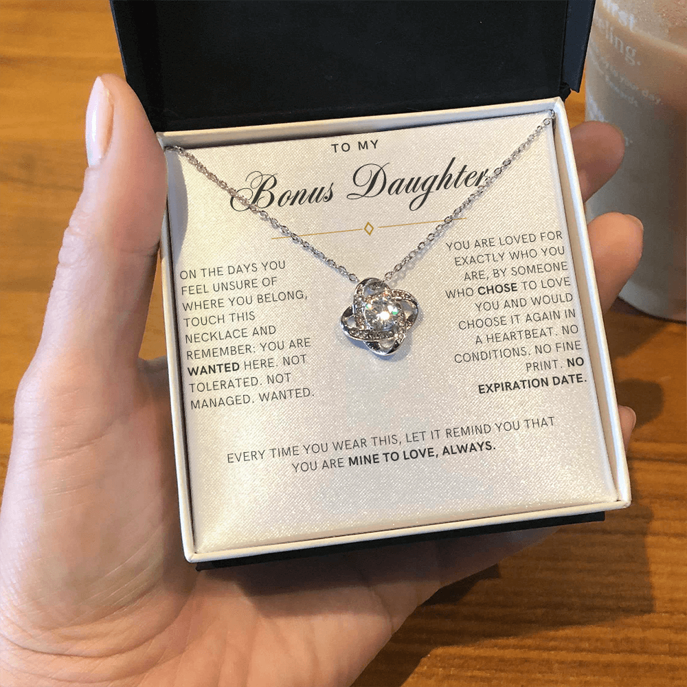 Bonus Daughter Love Knot Necklace, Wanted Message Card