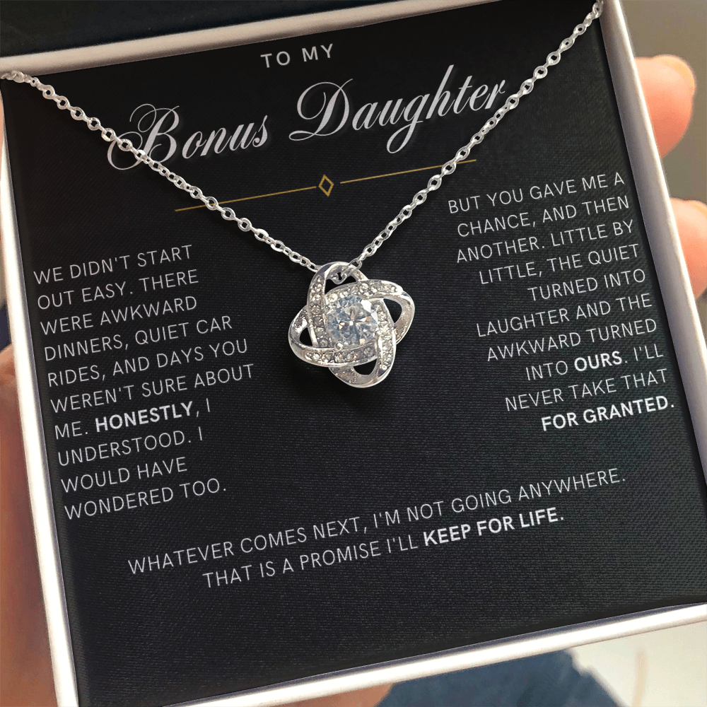 Bonus Daughter Love Knot Necklace, Not Going Anywhere Message Card