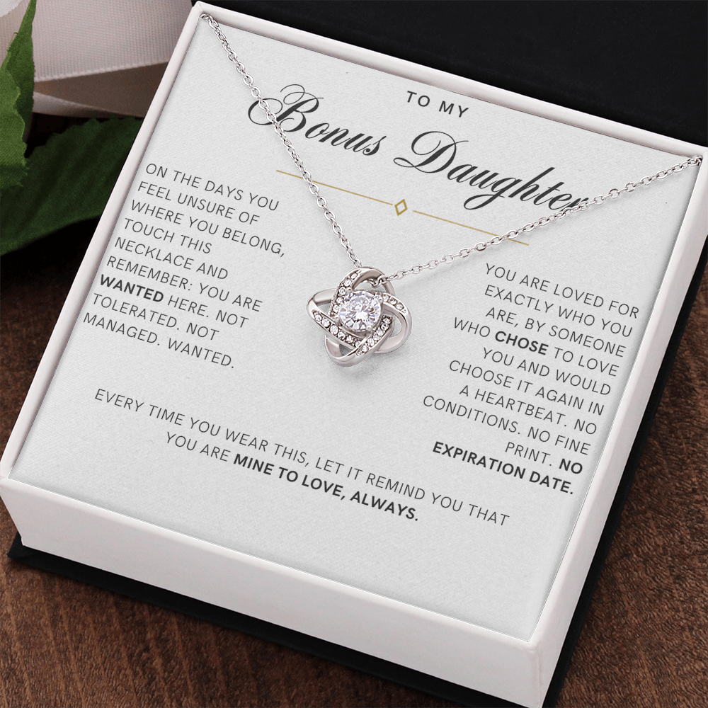 Bonus Daughter Love Knot Necklace, Wanted Message Card