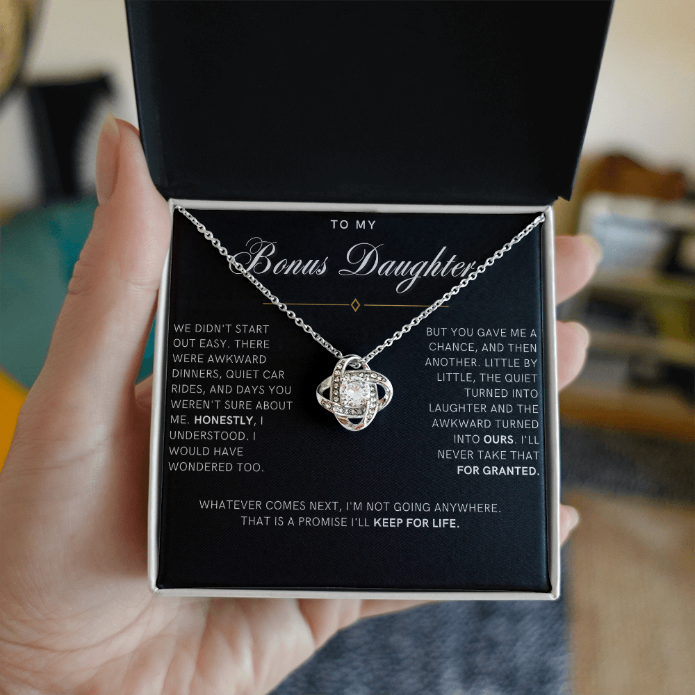 Bonus Daughter Love Knot Necklace, Not Going Anywhere Message Card