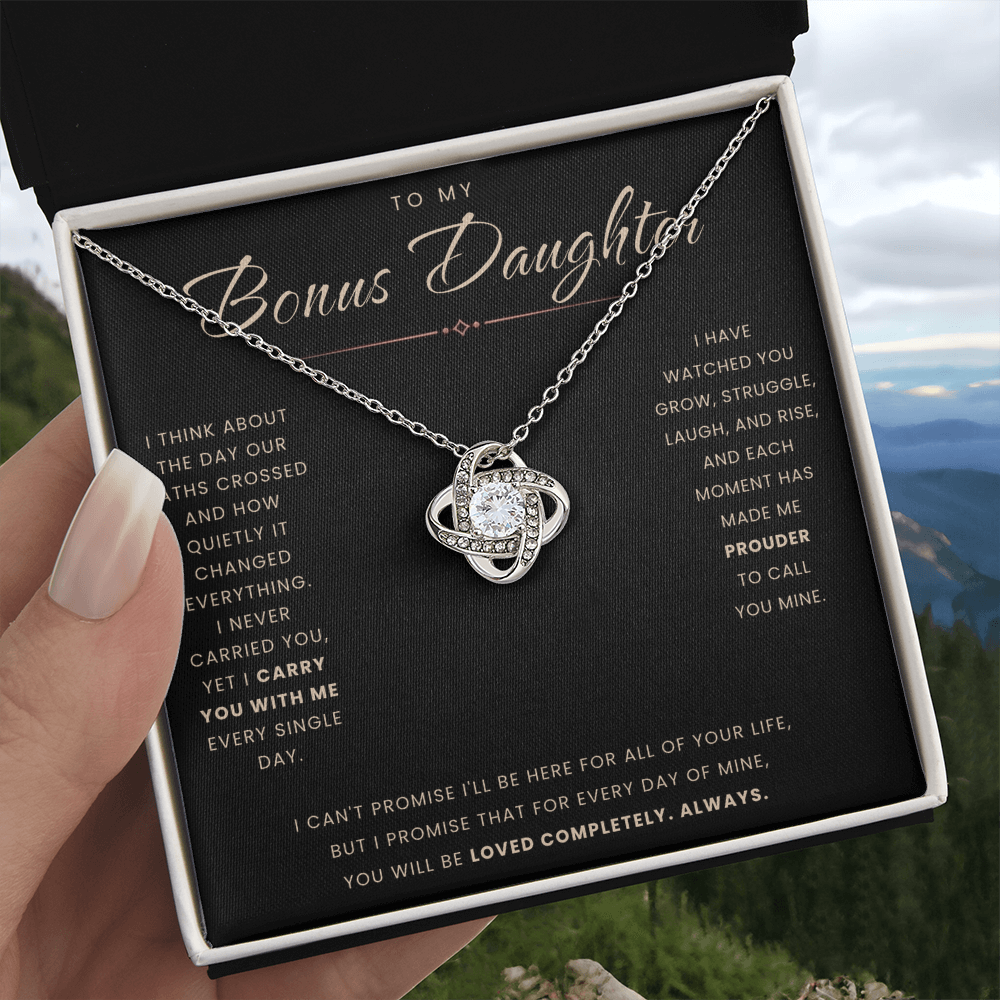 Love Knot Necklace for Bonus Daughter - Black & Rose Gold Card