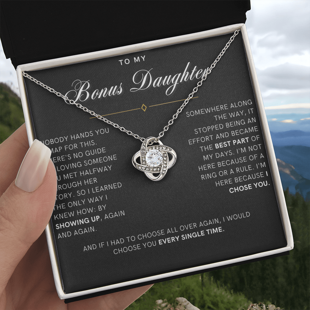 Bonus Daughter Love Knot Necklace, I Chose You Message Card