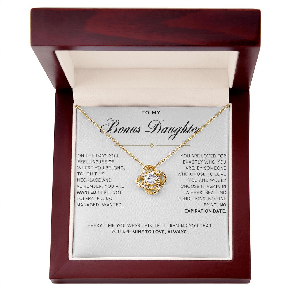 Bonus Daughter Love Knot Necklace, Wanted Message Card