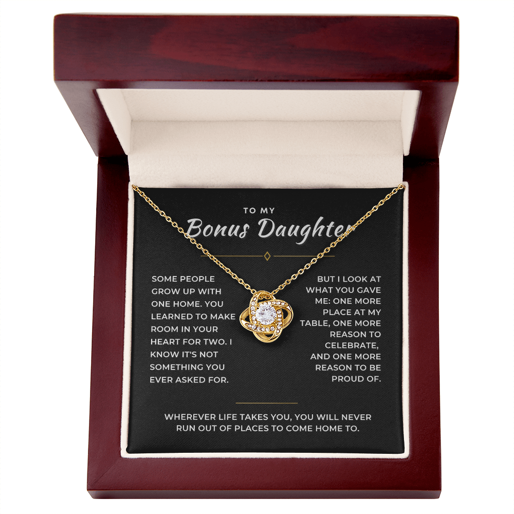 Bonus Daughter Love Knot Necklace, Two Homes Message Card