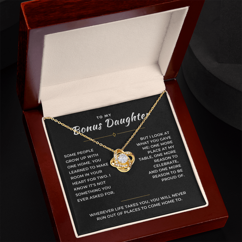 Bonus Daughter Love Knot Necklace, Two Homes Message Card