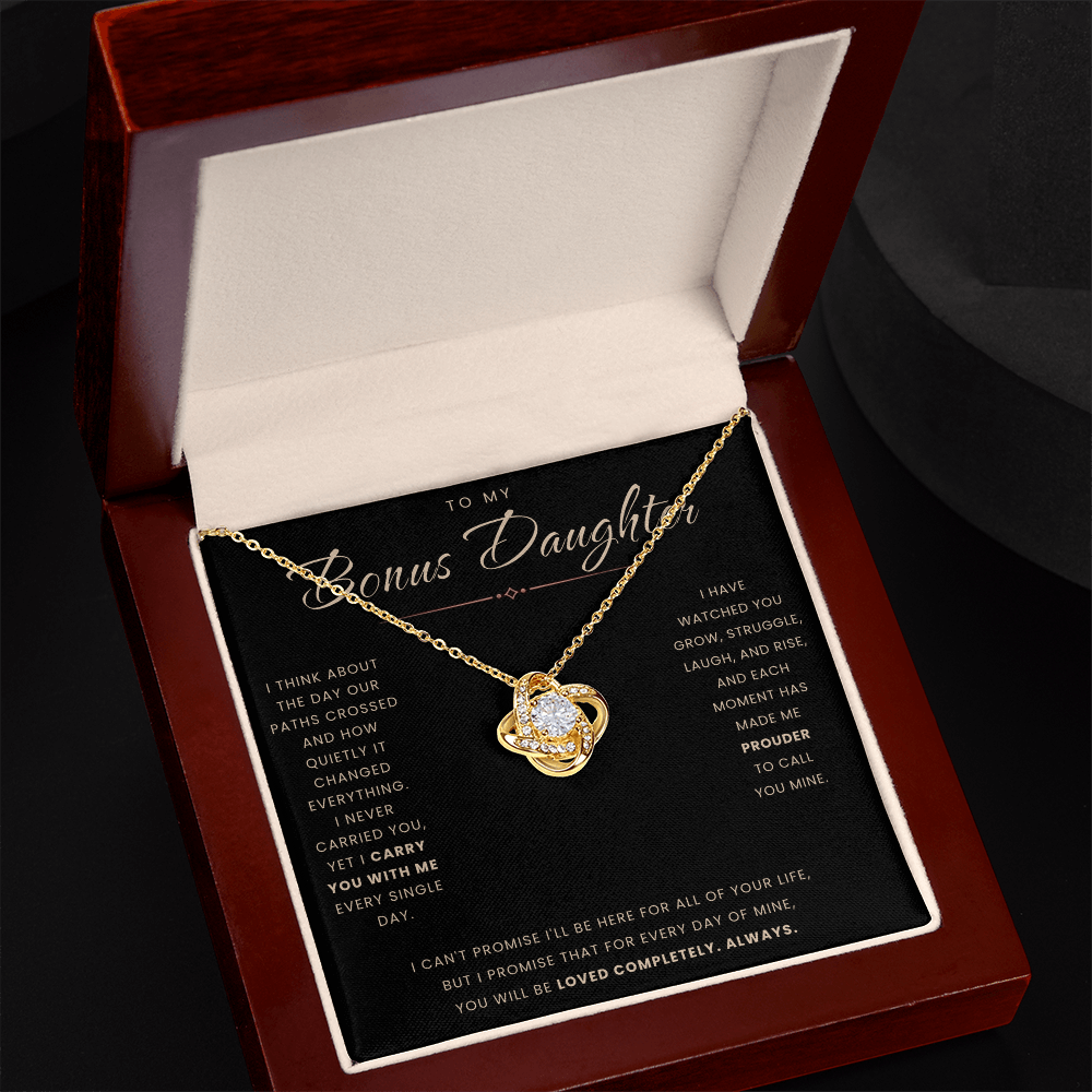 Love Knot Necklace for Bonus Daughter - Black & Rose Gold Card