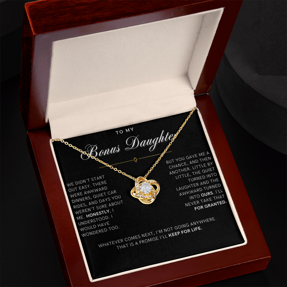 Bonus Daughter Love Knot Necklace, Not Going Anywhere Message Card