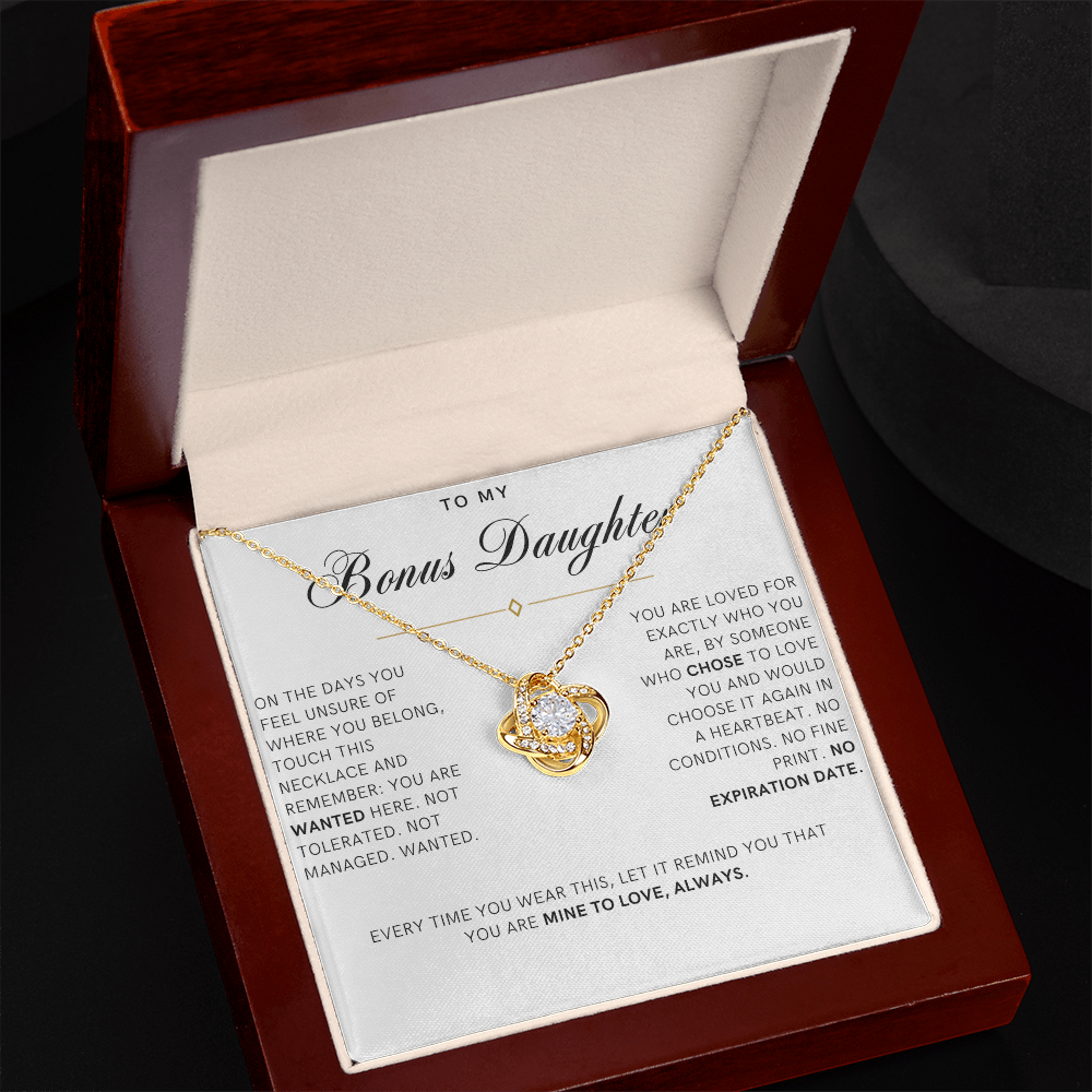 Bonus Daughter Love Knot Necklace, Wanted Message Card