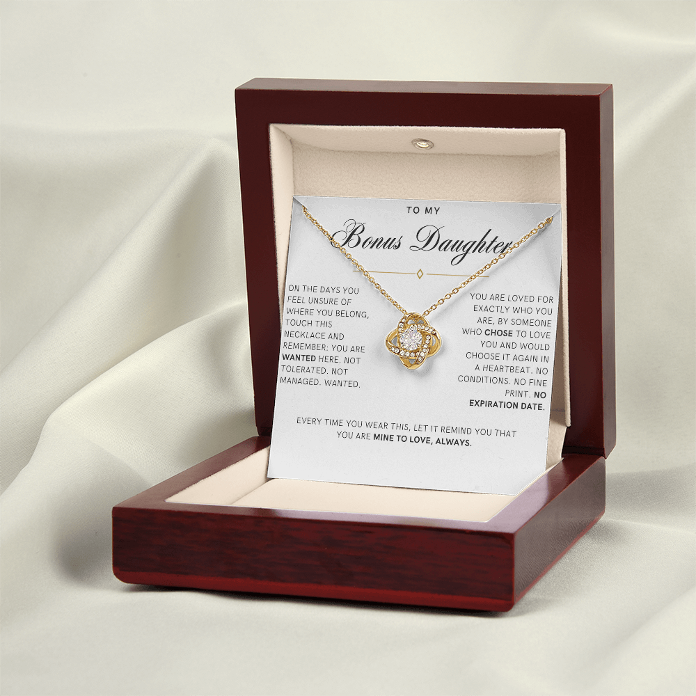 Bonus Daughter Love Knot Necklace, Wanted Message Card