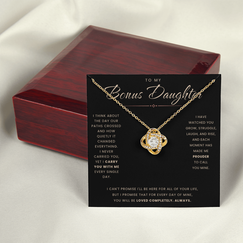Love Knot Necklace for Bonus Daughter - Black & Rose Gold Card