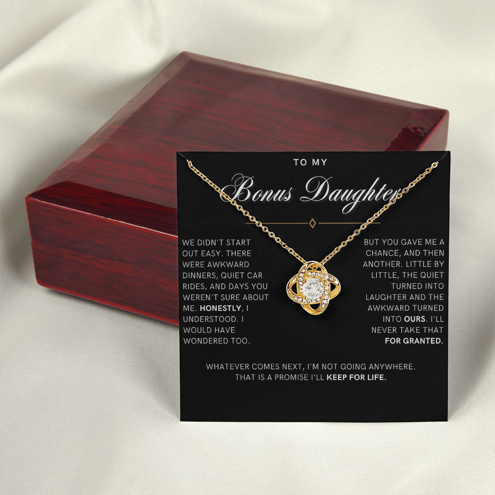 Bonus Daughter Love Knot Necklace, Not Going Anywhere Message Card