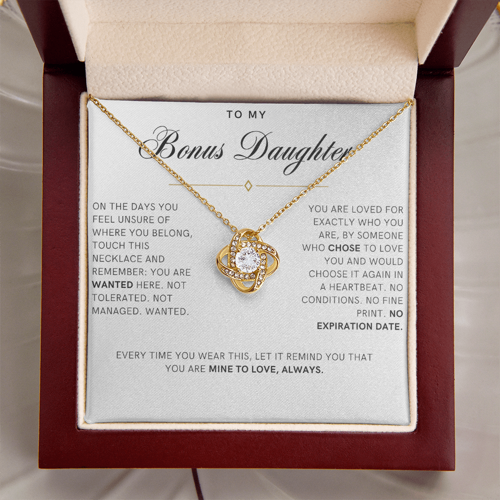 Bonus Daughter Love Knot Necklace, Wanted Message Card