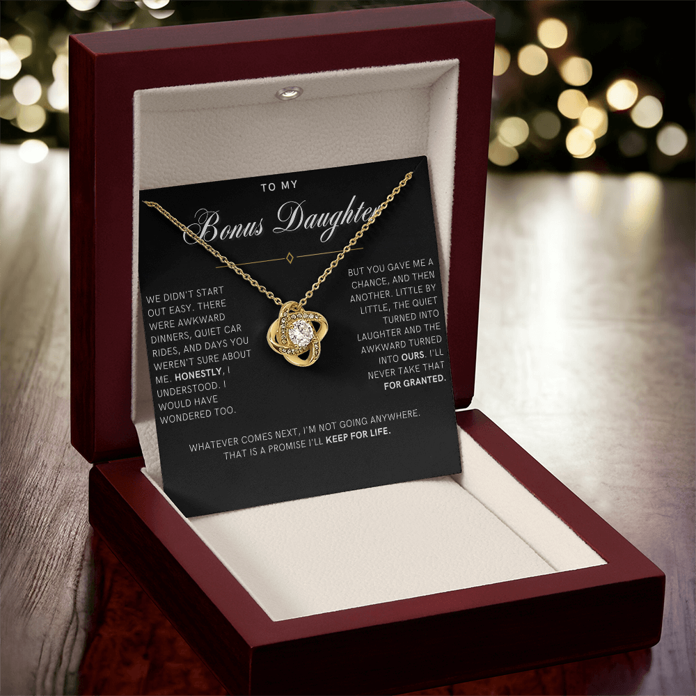 Bonus Daughter Love Knot Necklace, Not Going Anywhere Message Card