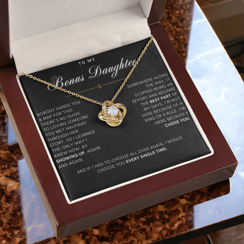 Bonus Daughter Love Knot Necklace, I Chose You Message Card