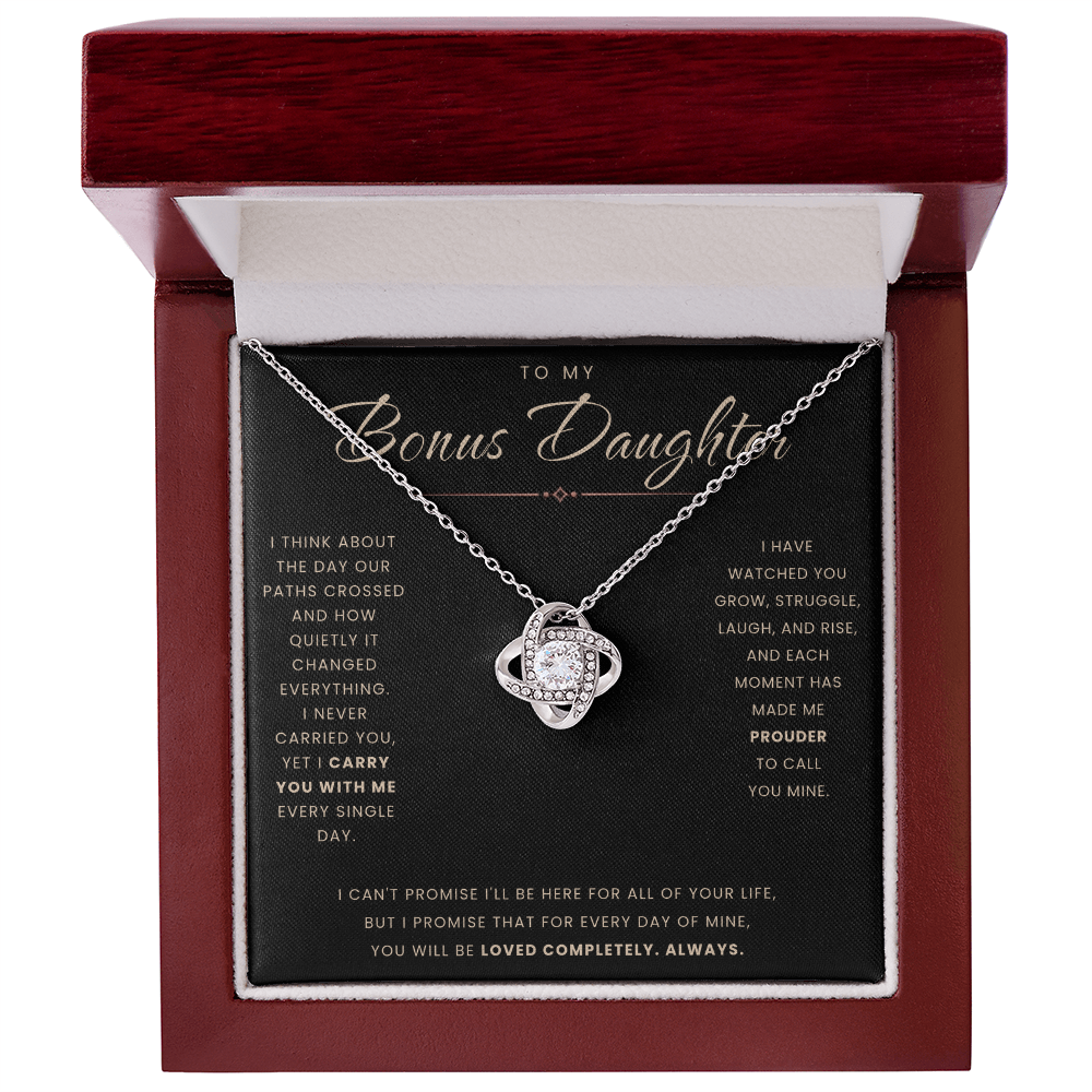 Love Knot Necklace for Bonus Daughter - Black & Rose Gold Card