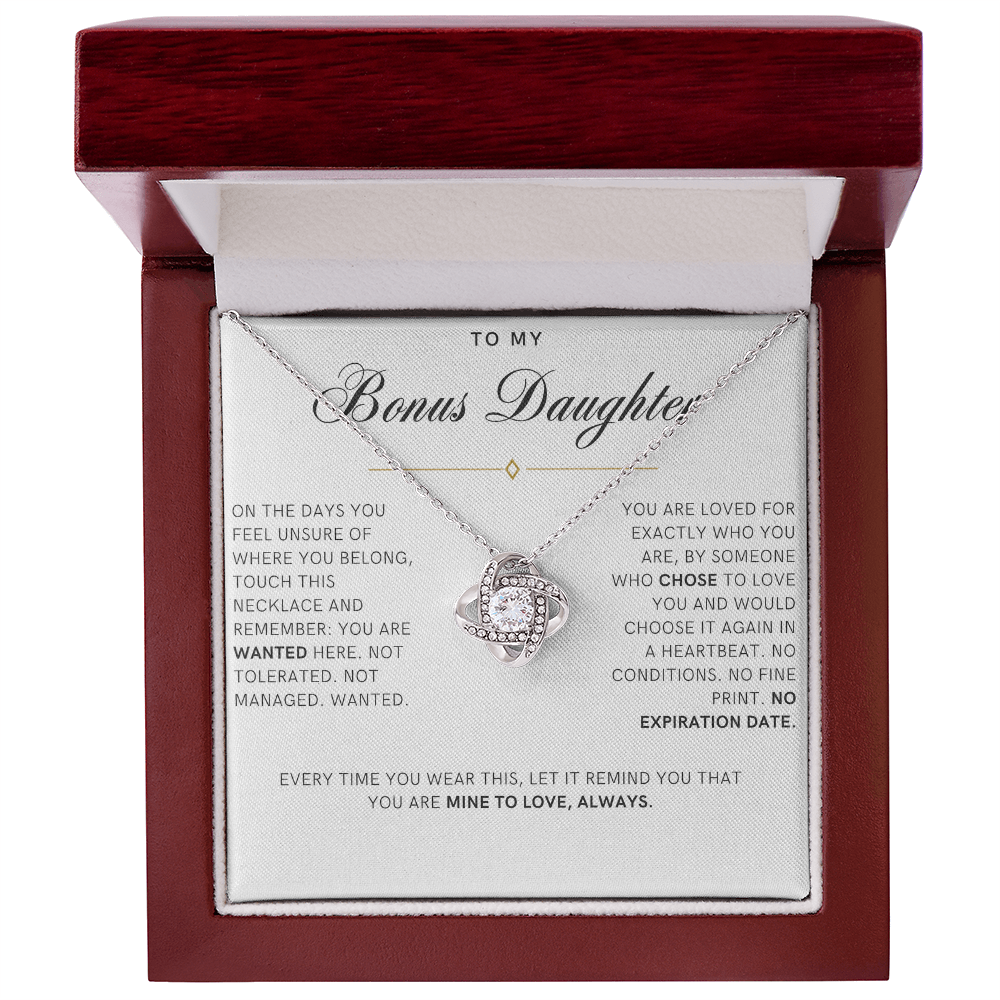 Bonus Daughter Love Knot Necklace, Wanted Message Card