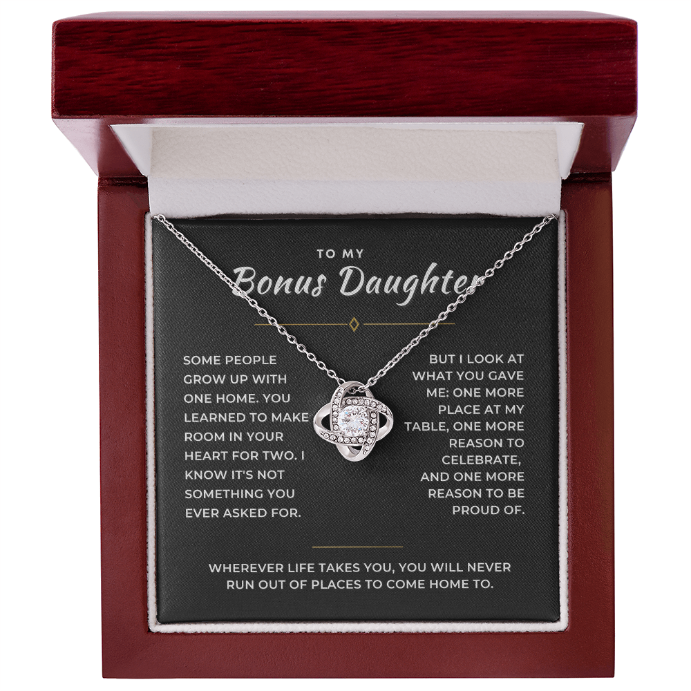 Bonus Daughter Love Knot Necklace, Two Homes Message Card